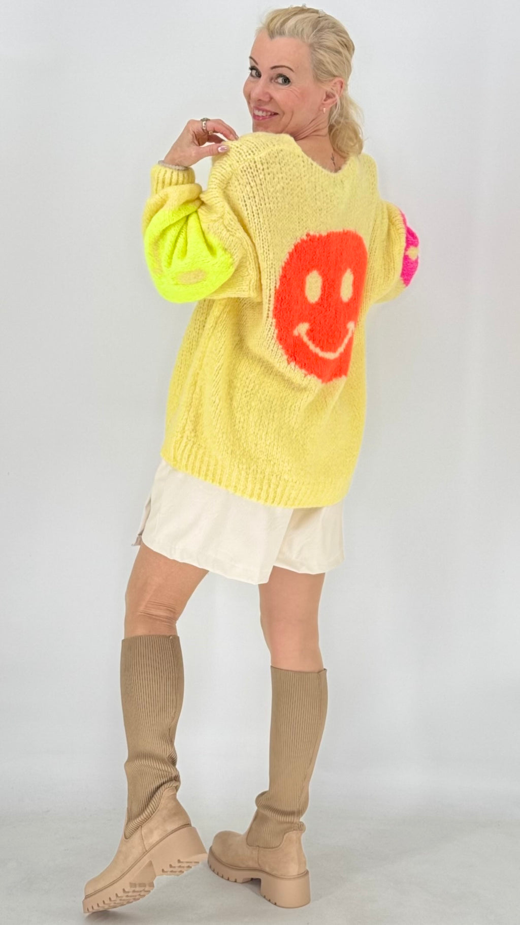 Strickpullover „Smiley“, gelb, blau, pink
