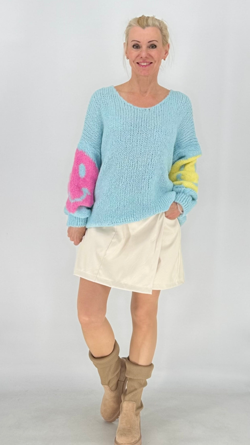 Strickpullover „Smiley“, gelb, blau, pink