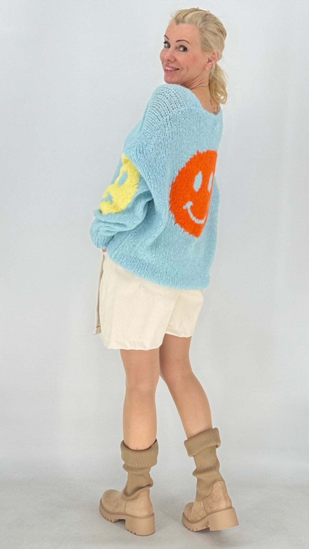 Strickpullover „Smiley“, gelb, blau, pink