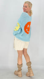 Strickpullover „Smiley“, gelb, blau, pink