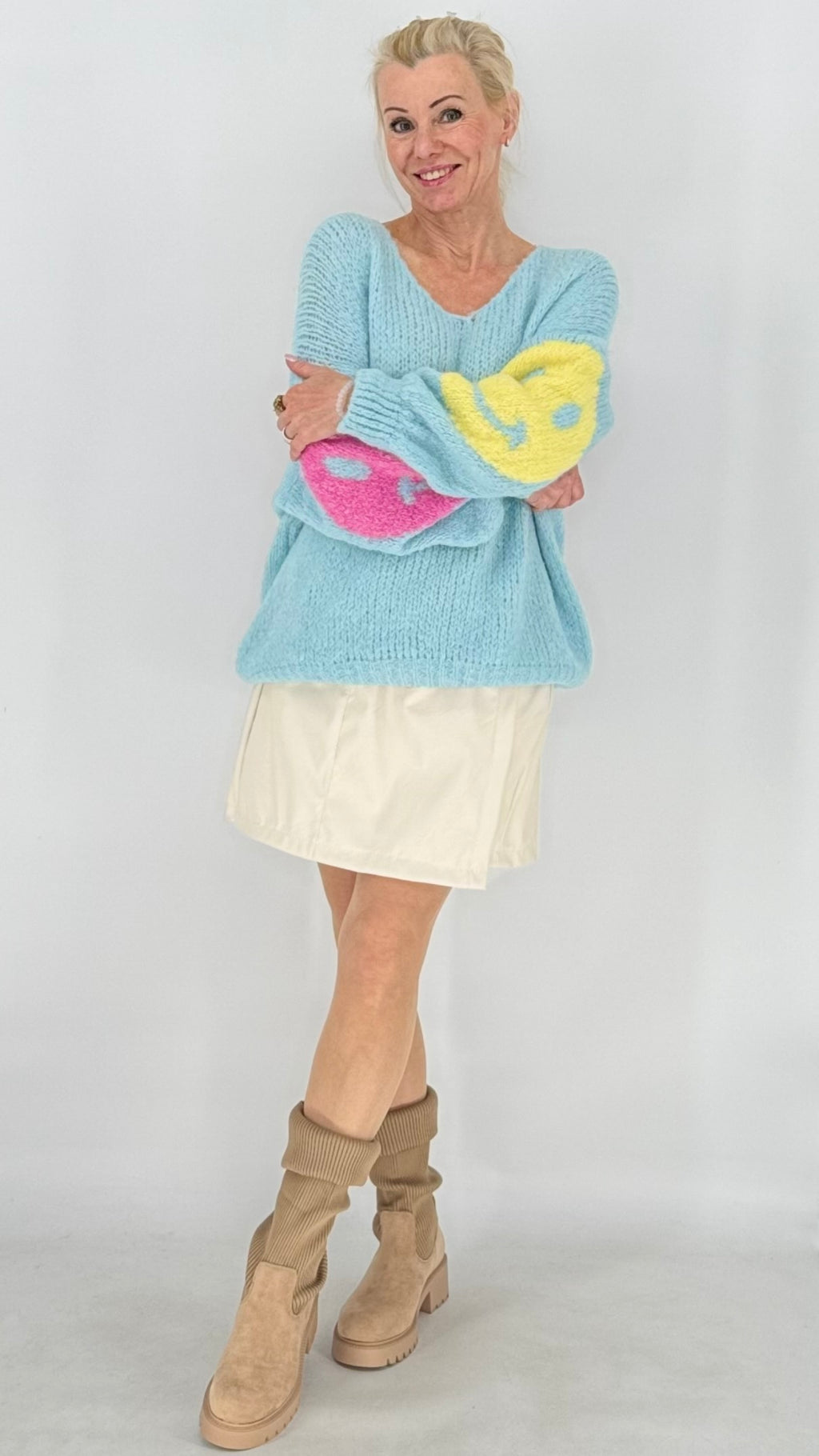 Strickpullover „Smiley“, gelb, blau, pink