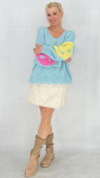 Strickpullover „Smiley“, gelb, blau, pink