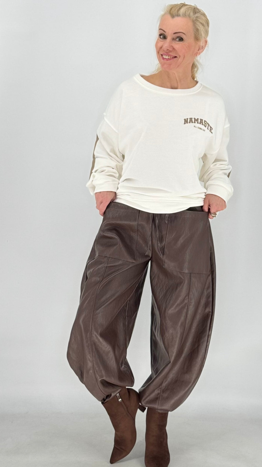 Lässige Cargohose, Lederimitat Hose, braun