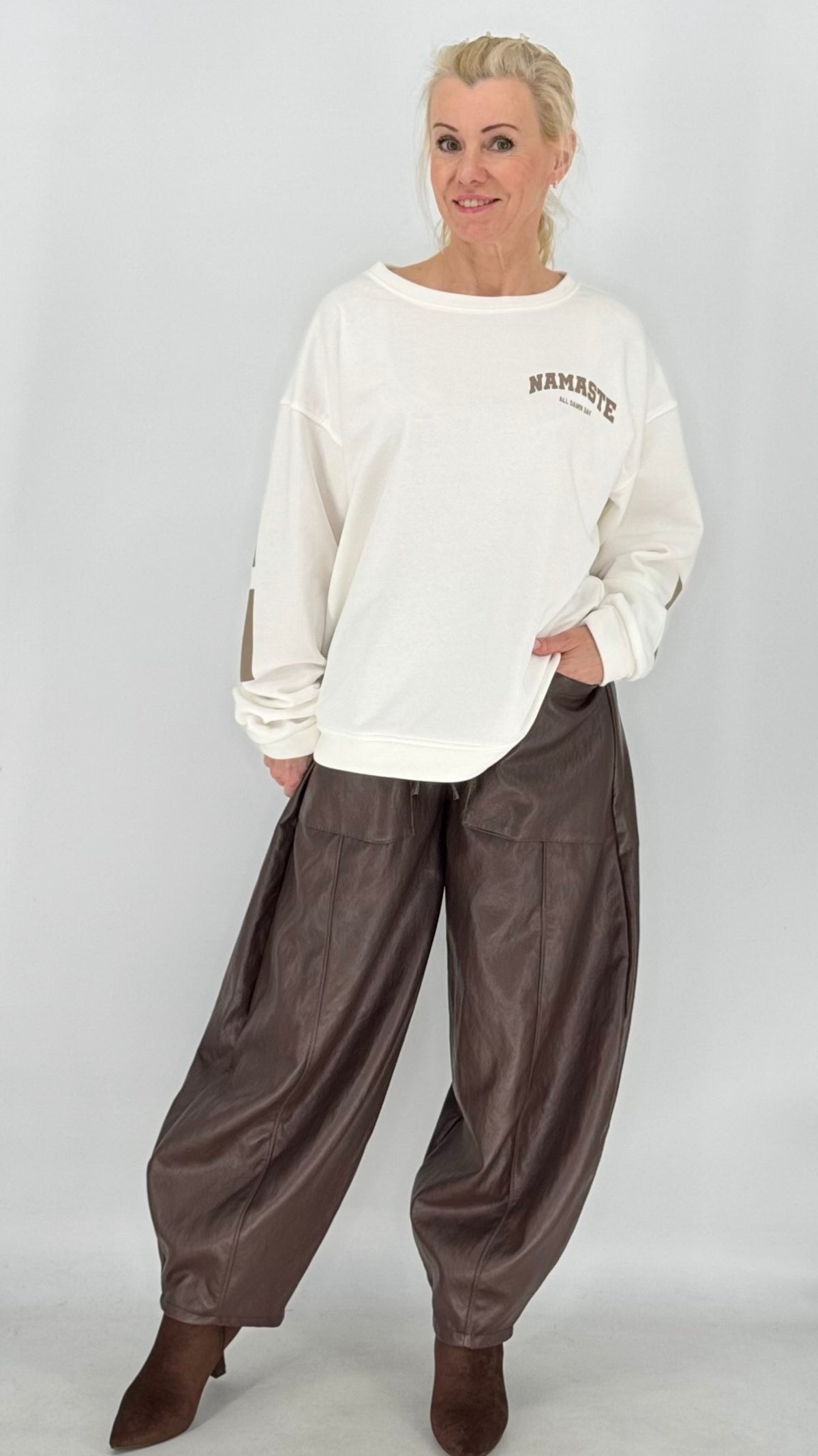 Lässige Cargohose, Lederimitat Hose, braun