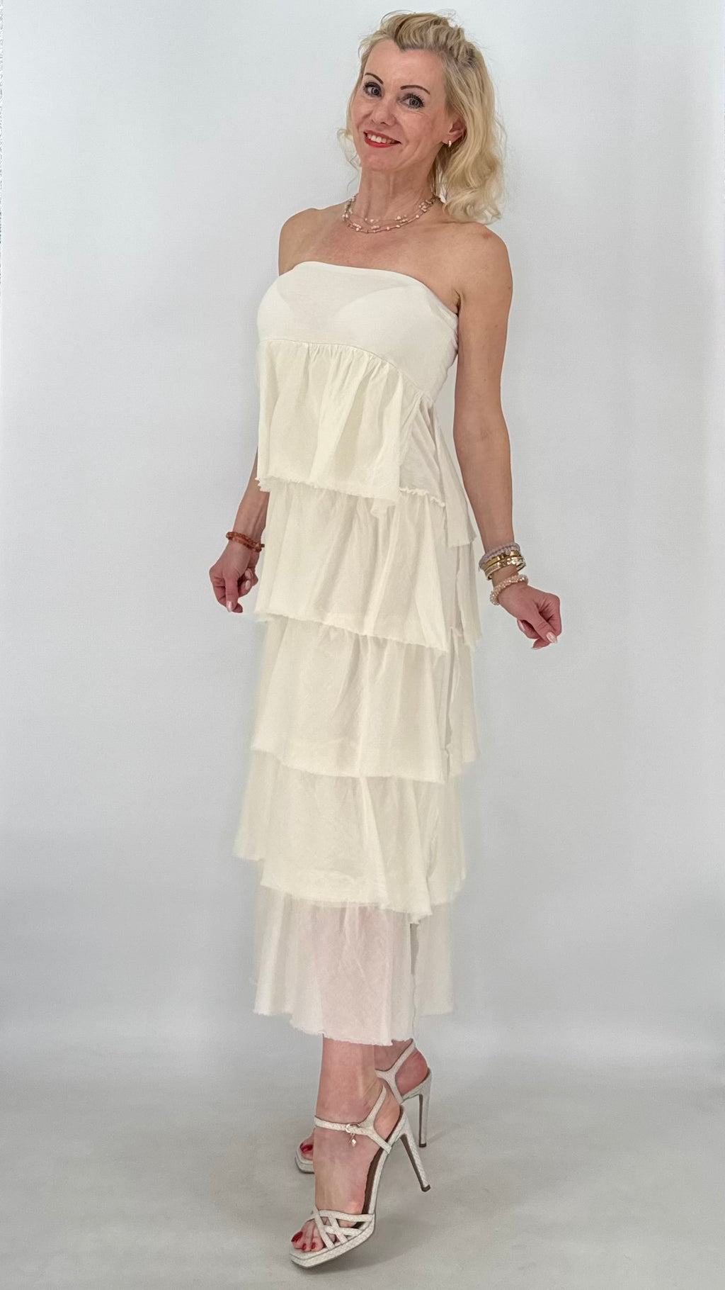 Volant-Maxikleid oder Rock in Pastellgelb und Creme