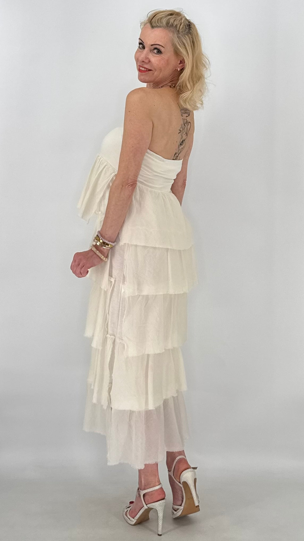 Volant-Maxikleid oder Rock in Pastellgelb und Creme