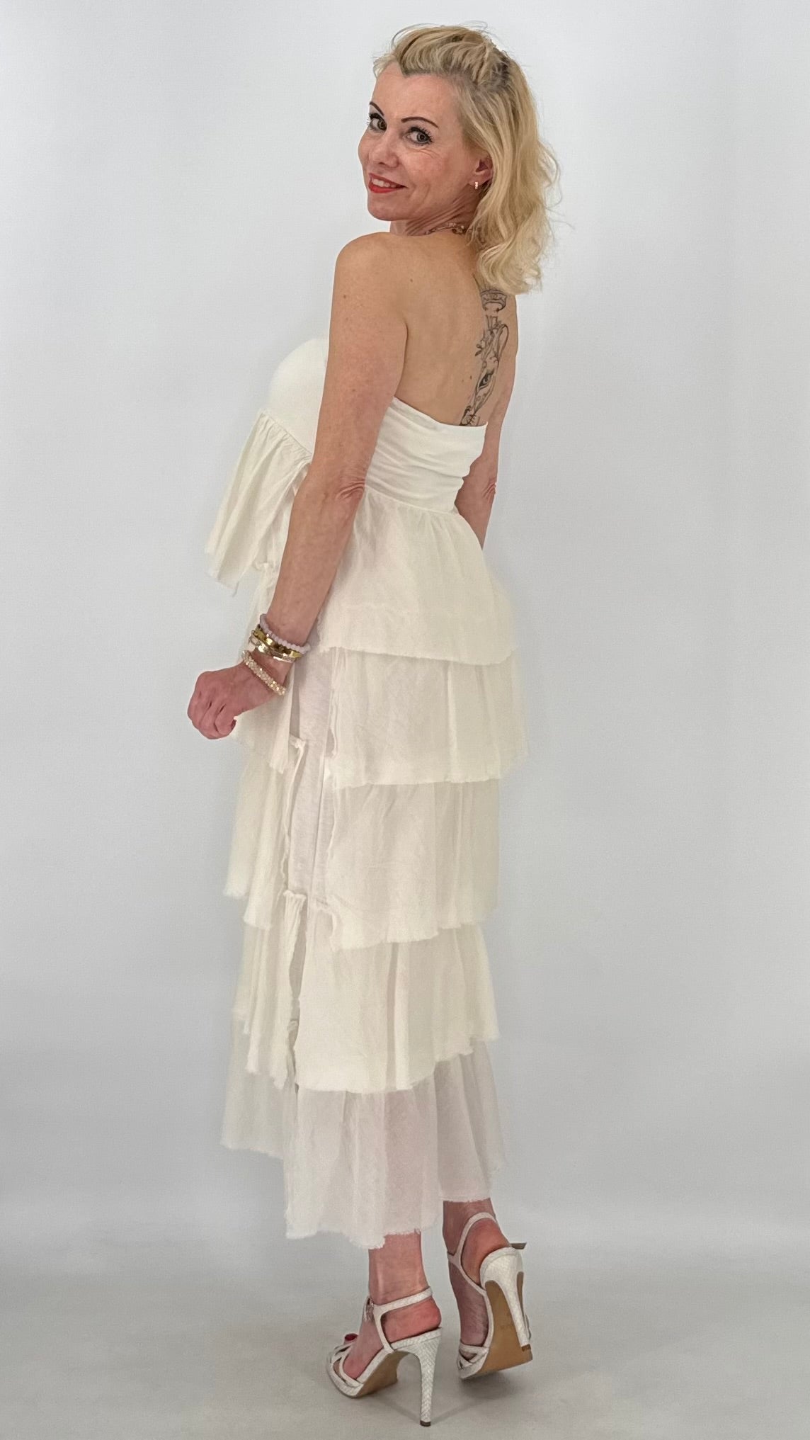 Volant-Maxikleid oder Rock in Pastellgelb und Creme