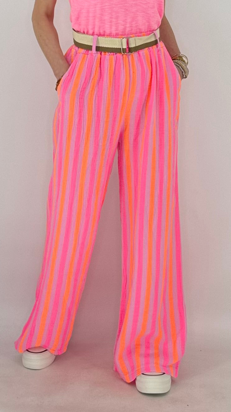 Musselin Hose Streifen in Rosa/Pink/Orange mit Gürtel