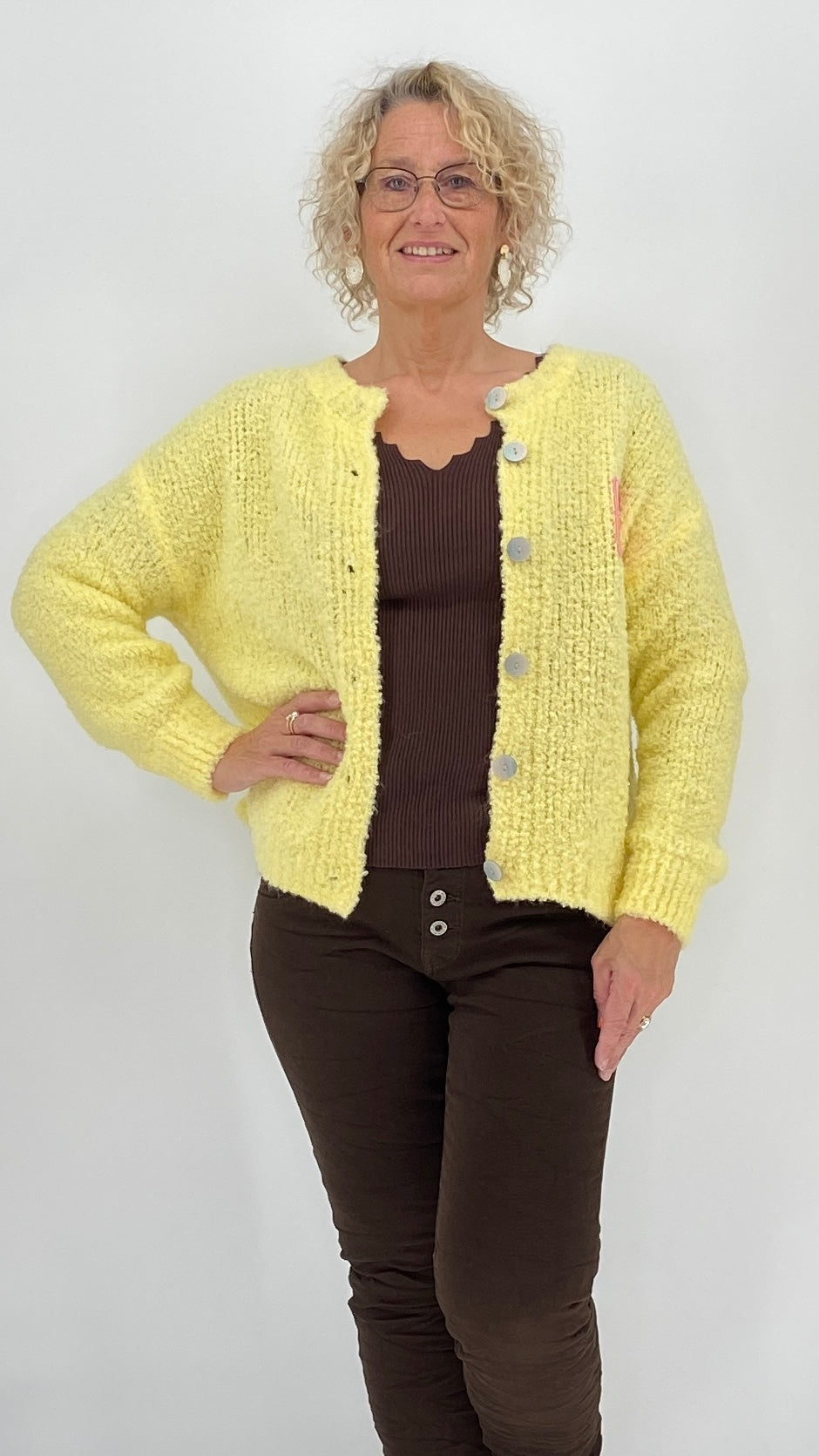 Strickjacke "crème de la crème", weiß, taupe, gelb