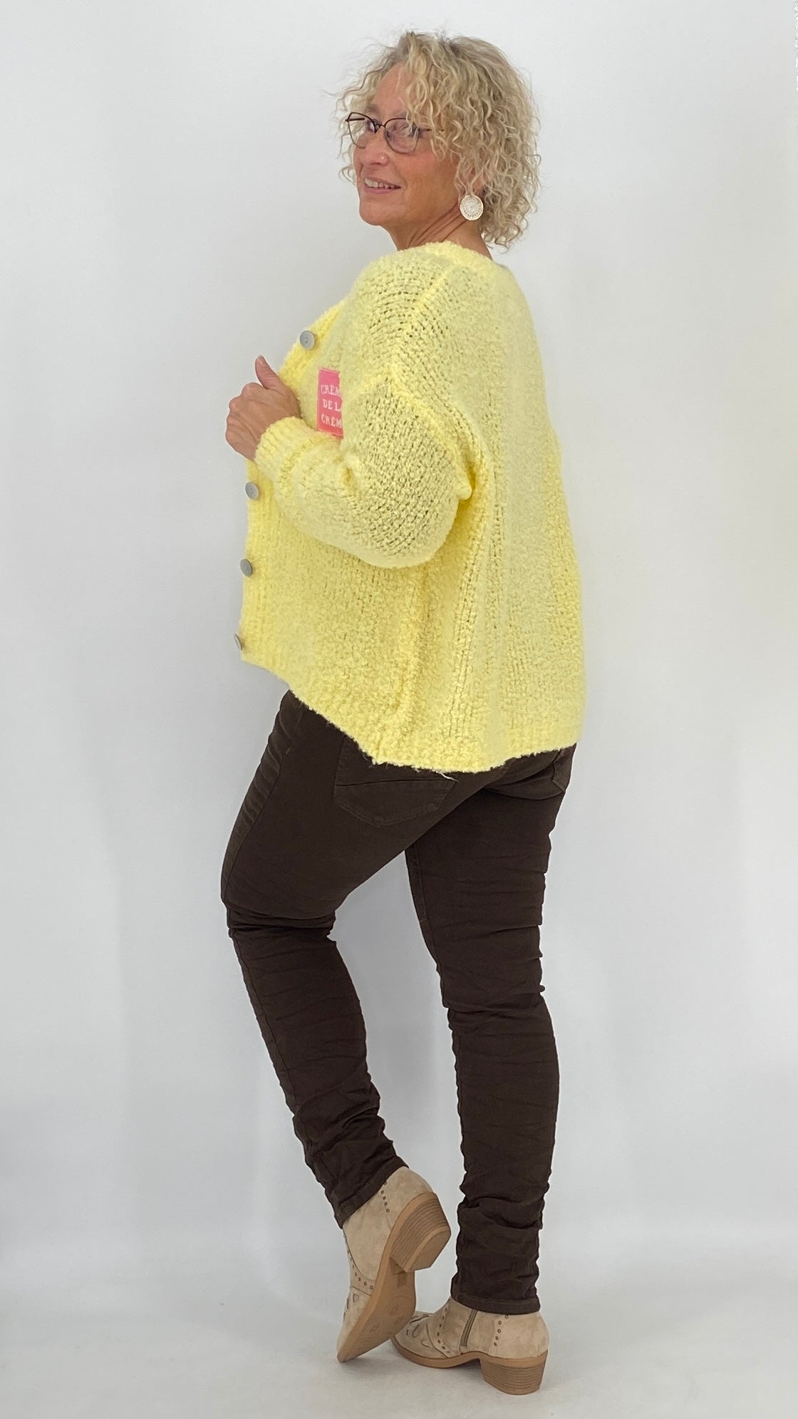 Strickjacke "crème de la crème", weiß, taupe, gelb