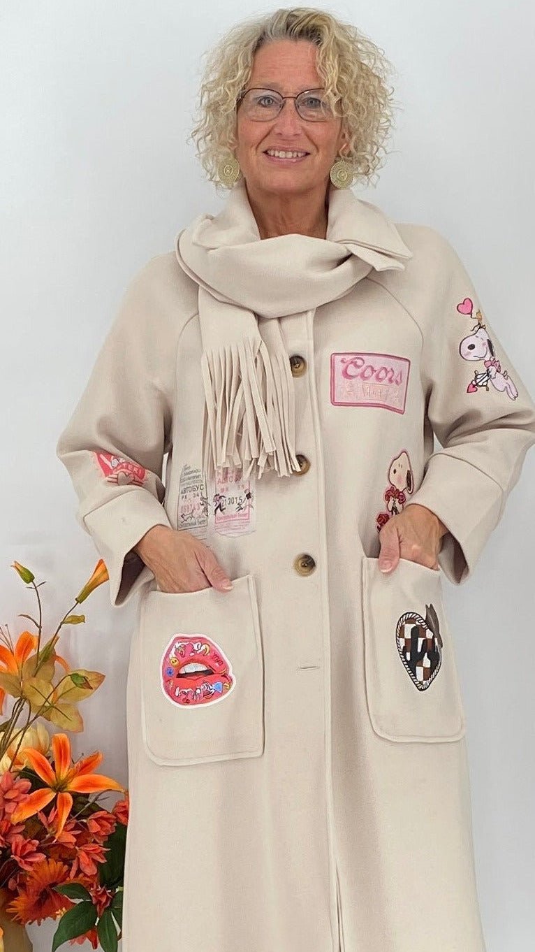 Mantel mit Patches und Schal, beige - By Elena FashionBy Elena Fashion