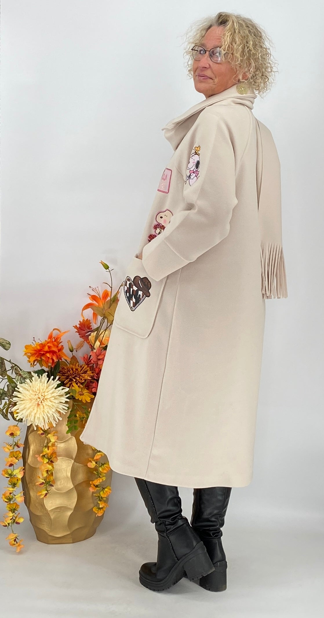 Mantel mit Patches und Schal, beige - By Elena FashionBy Elena Fashion