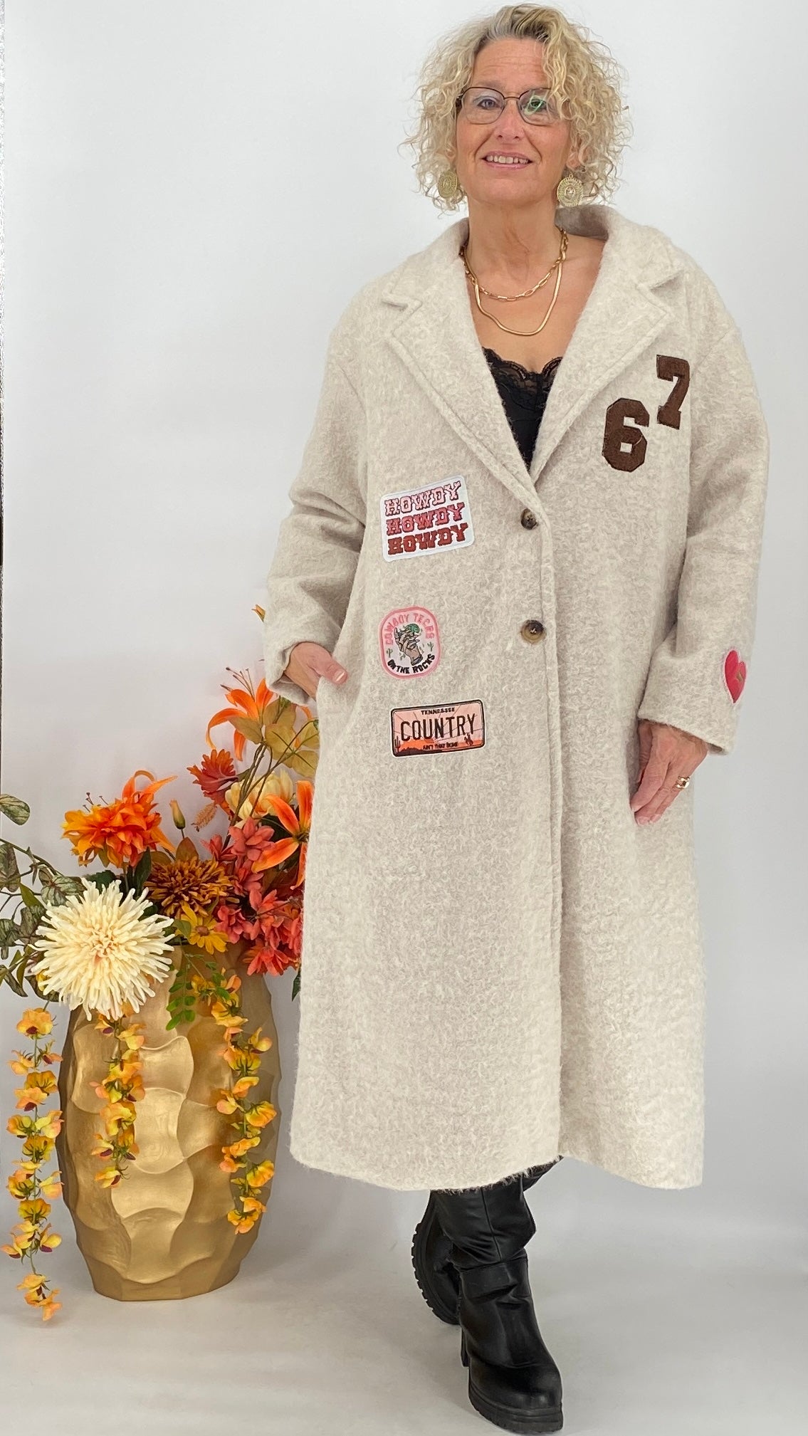 Wollmantel mit Patches, beige