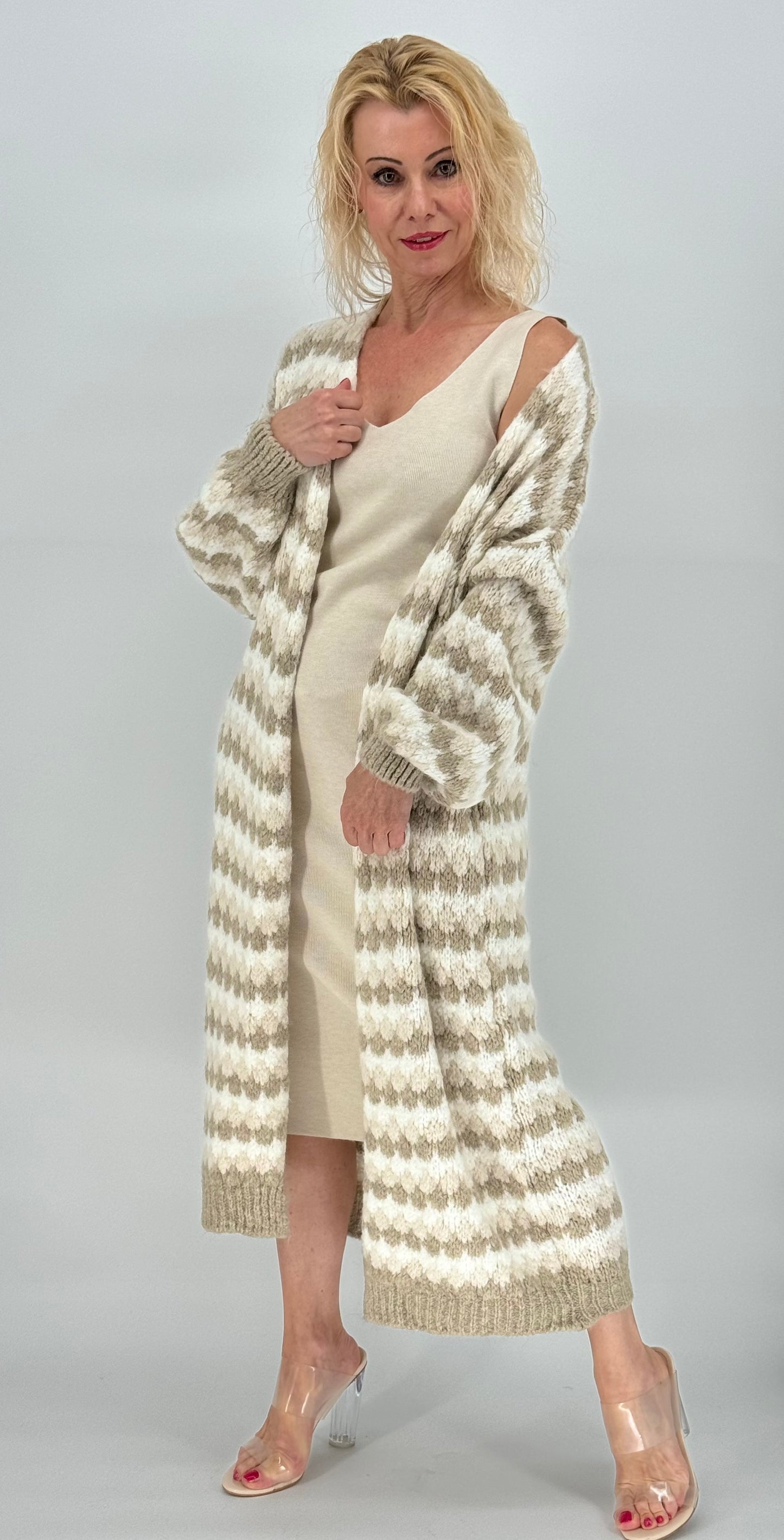 Langarm Grobstrickjacke Cardigan weiß-beige