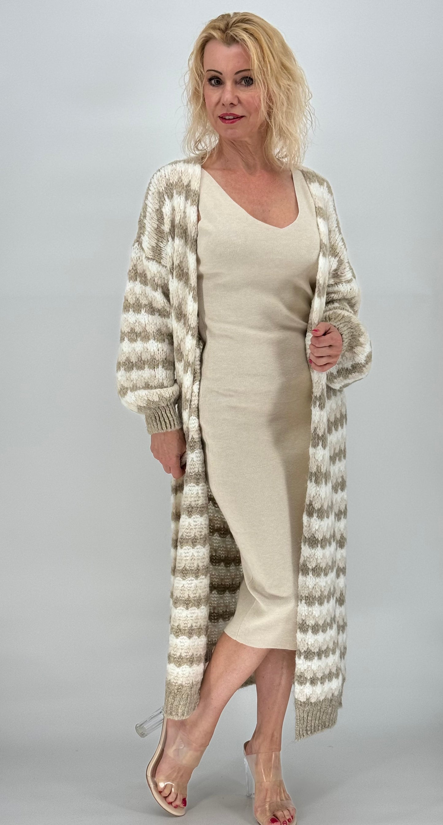 Langarm Grobstrickjacke Cardigan weiß-beige