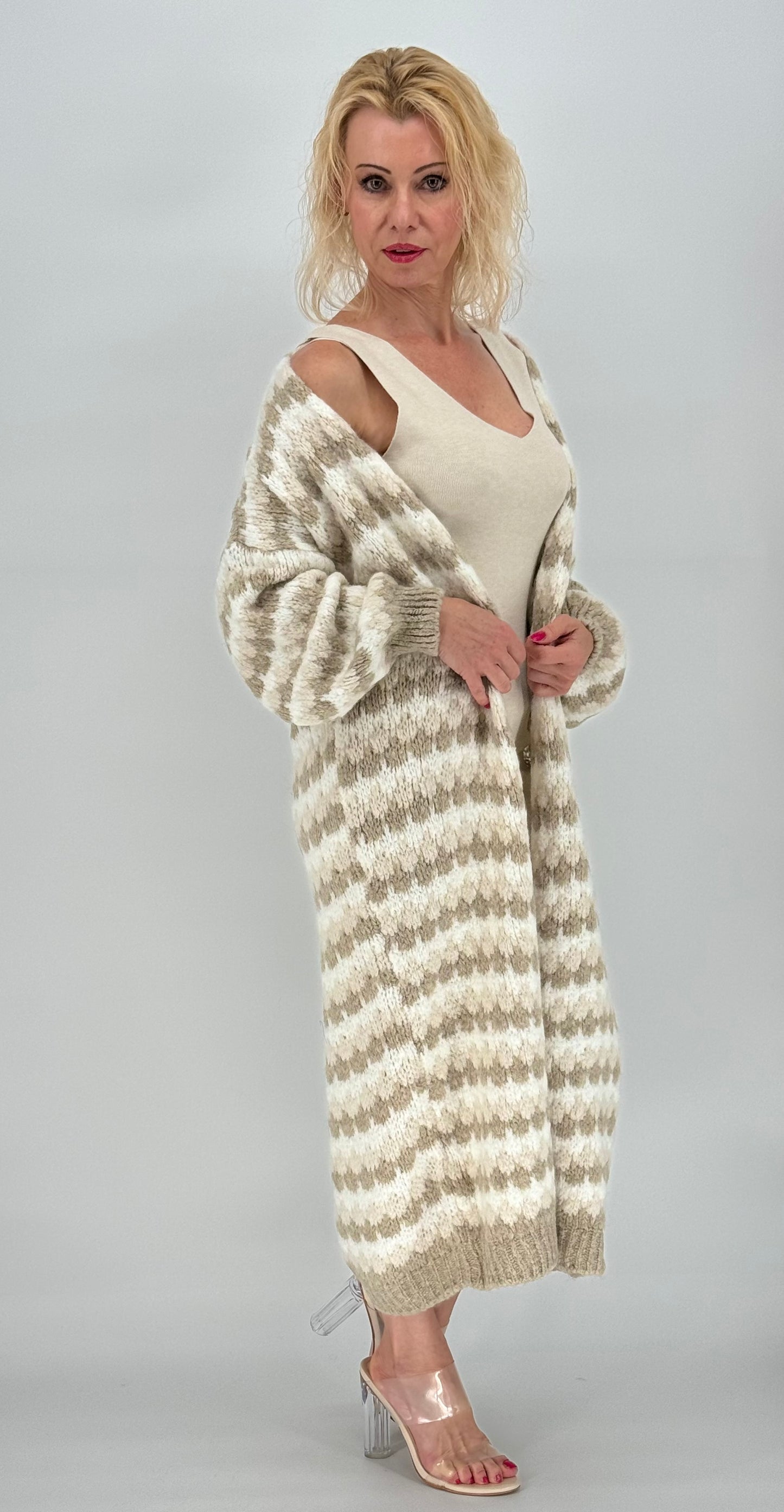 Langarm Grobstrickjacke Cardigan weiß-beige