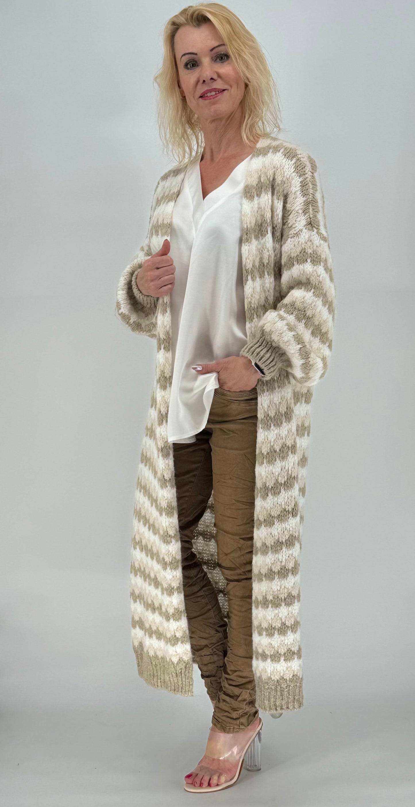 Langarm Grobstrickjacke Cardigan weiß-beige