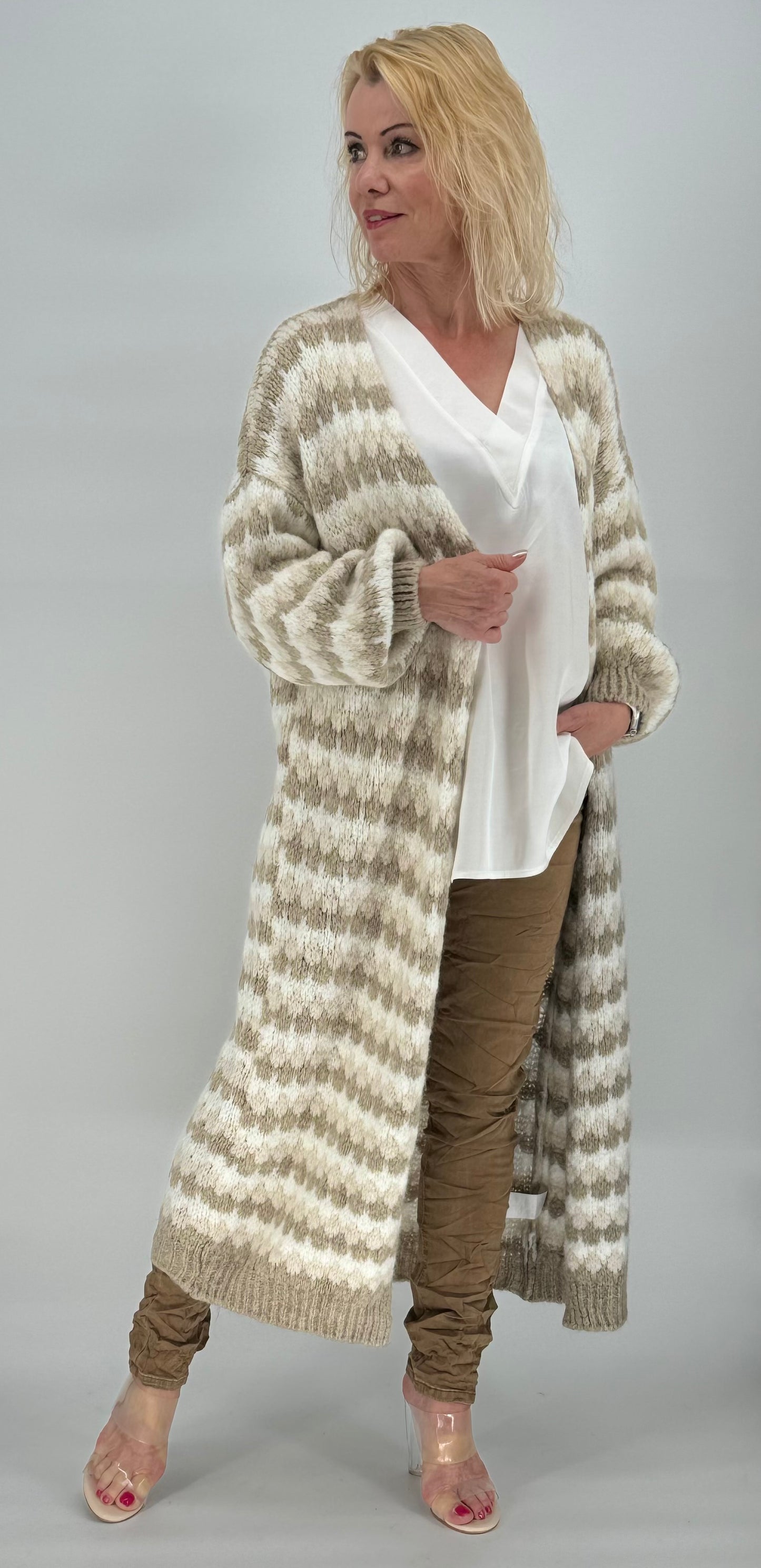 Langarm Grobstrickjacke Cardigan weiß-beige
