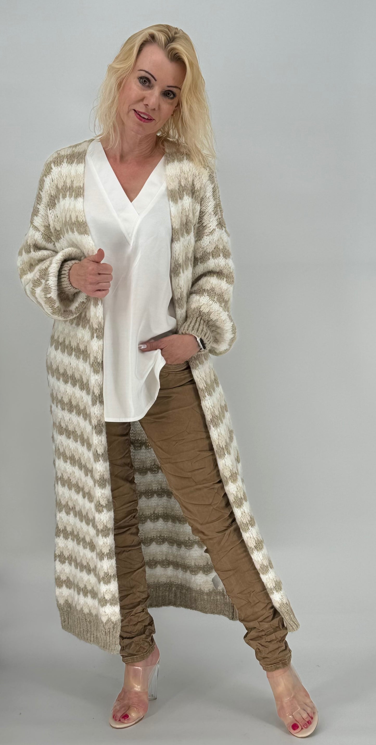 Langarm Grobstrickjacke Cardigan weiß-beige