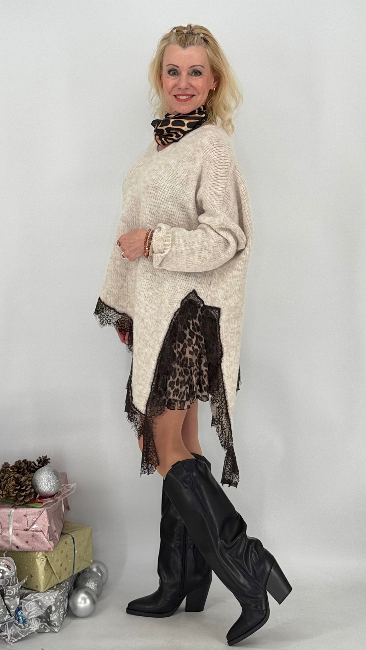 Pullover mit Asymmetrischer Saum, creme, braun