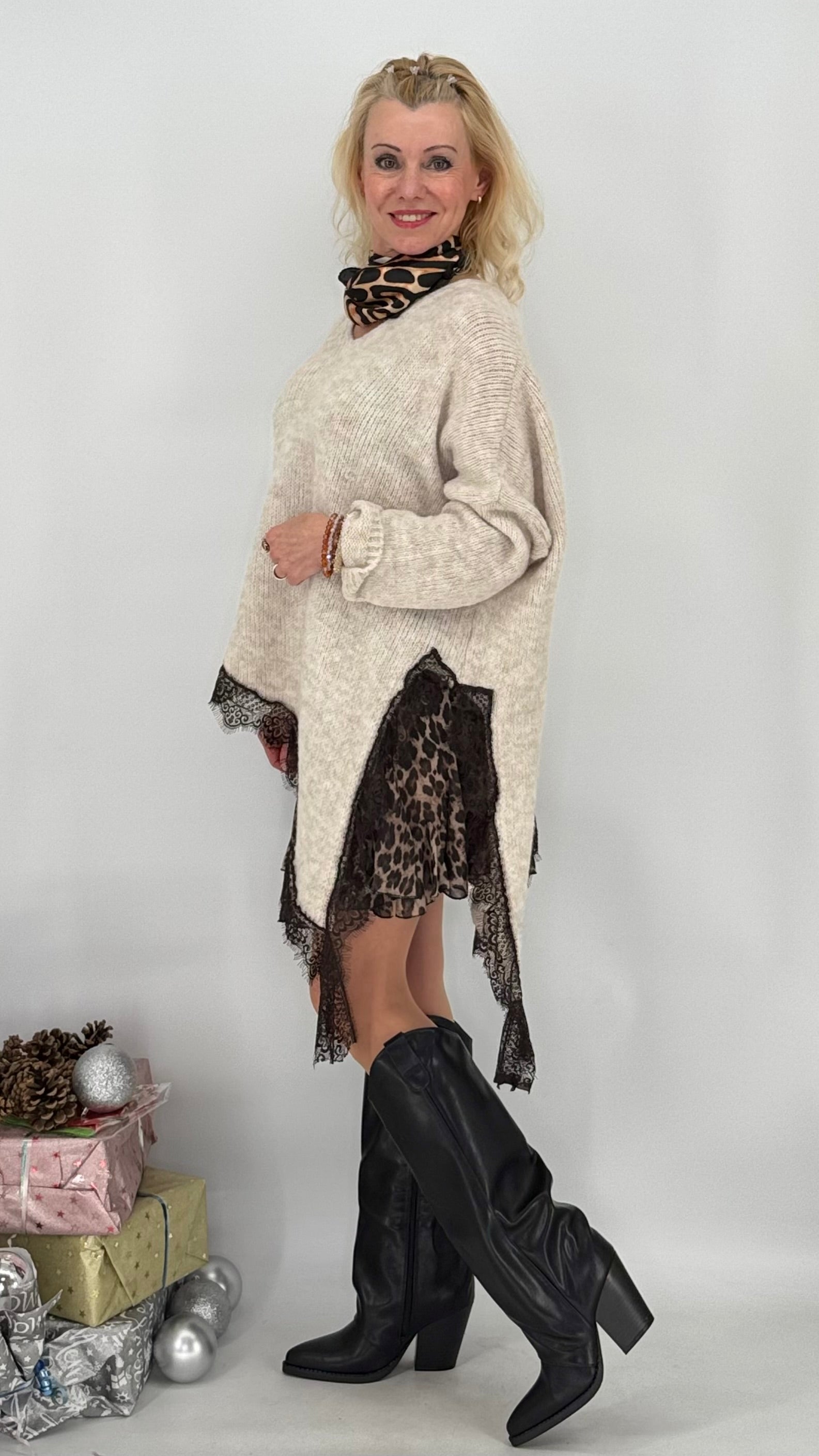 Pullover mit Asymmetrischer Saum, creme, braun