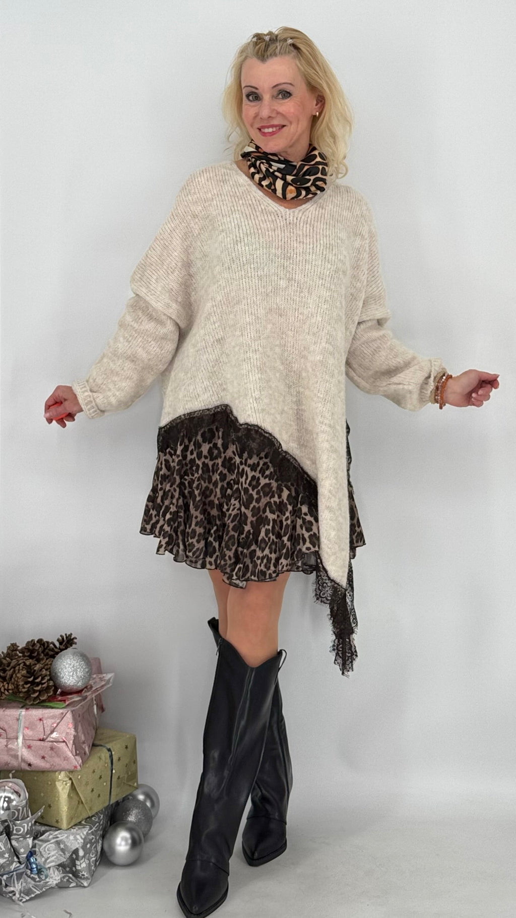 Pullover mit Asymmetrischer Saum, creme, braun