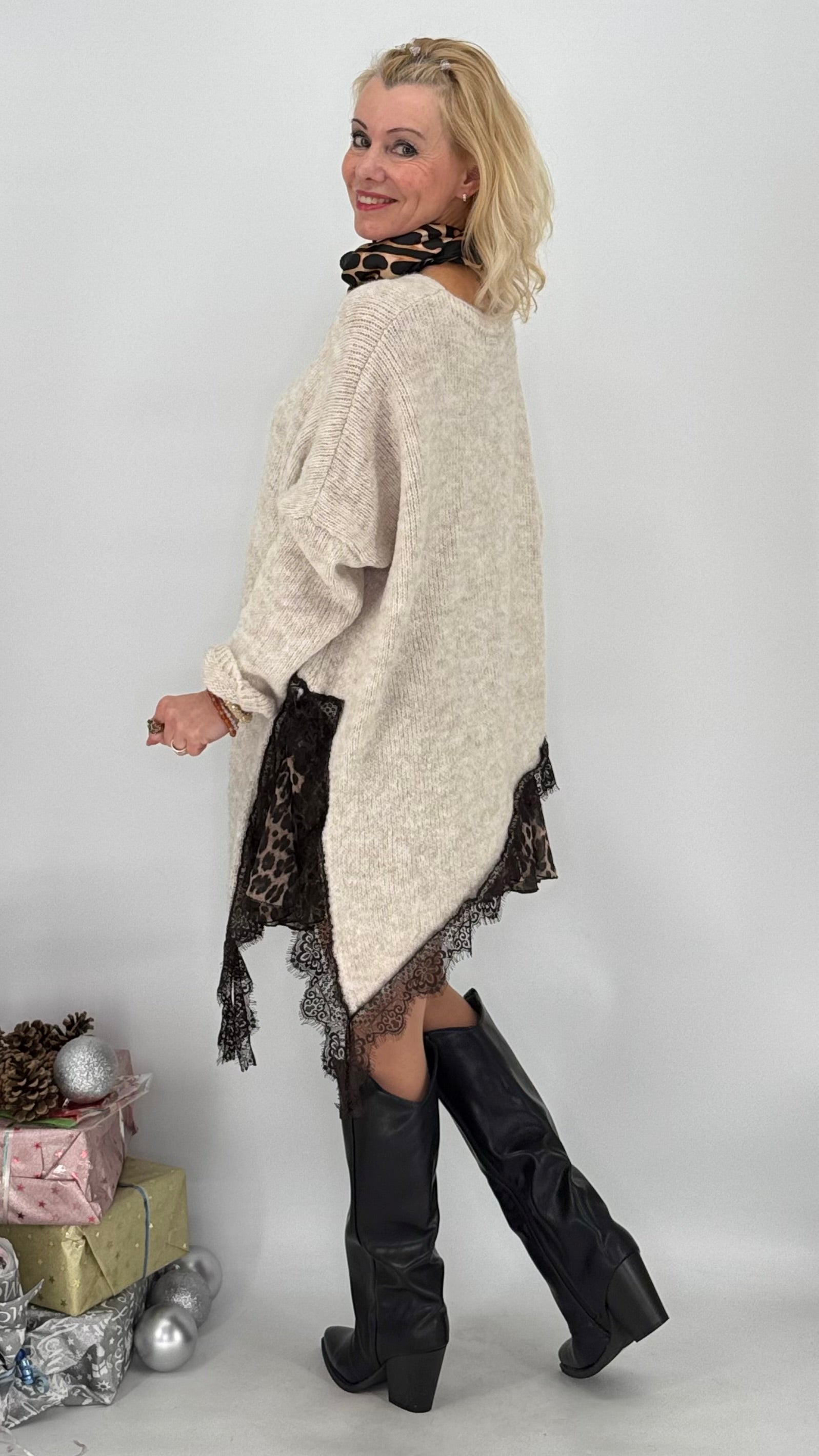 Pullover mit Asymmetrischer Saum, creme, braun