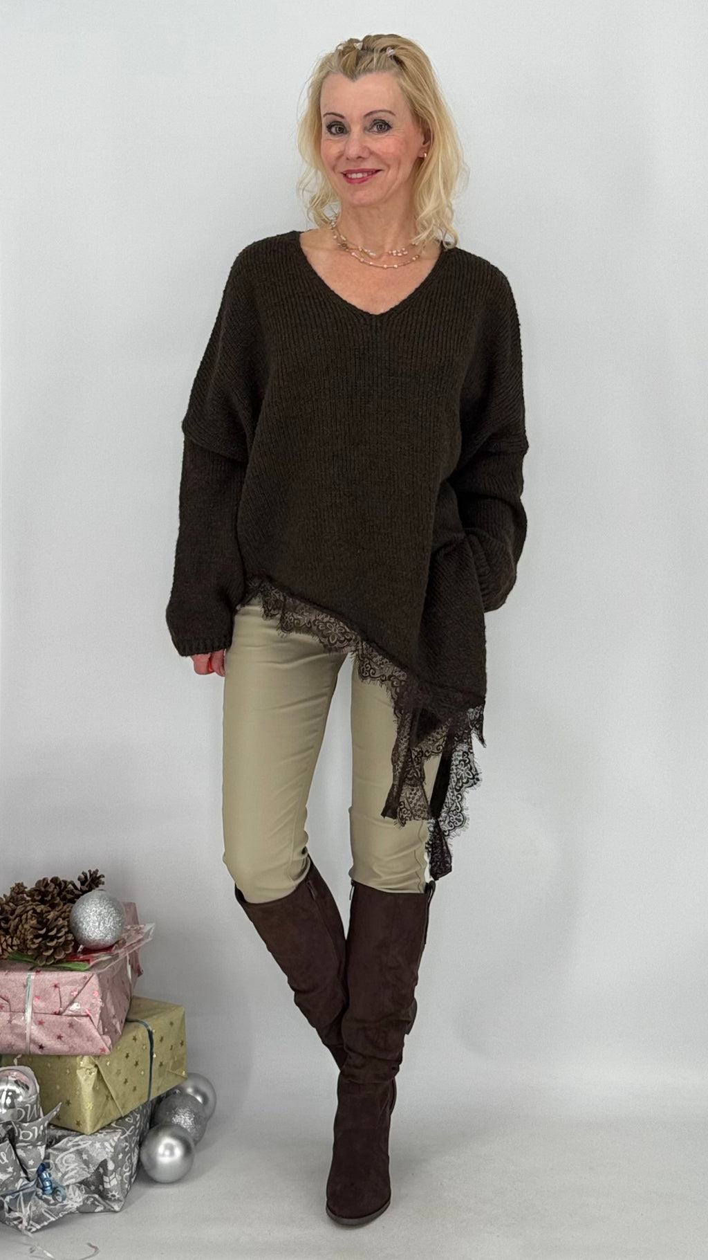 Pullover mit Asymmetrischer Saum, creme, braun