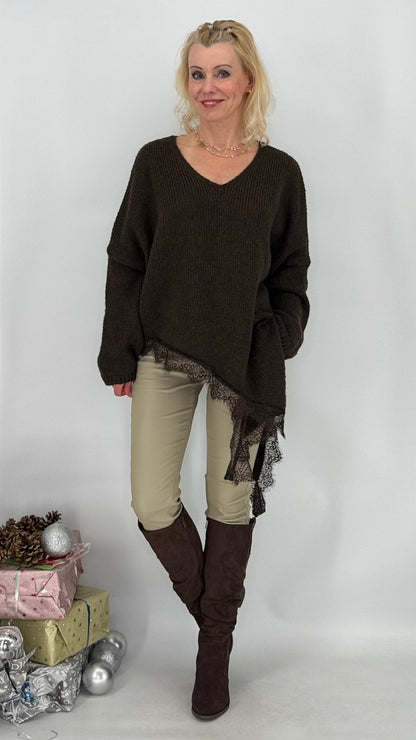 Pullover mit Asymmetrischer Saum, creme, braun
