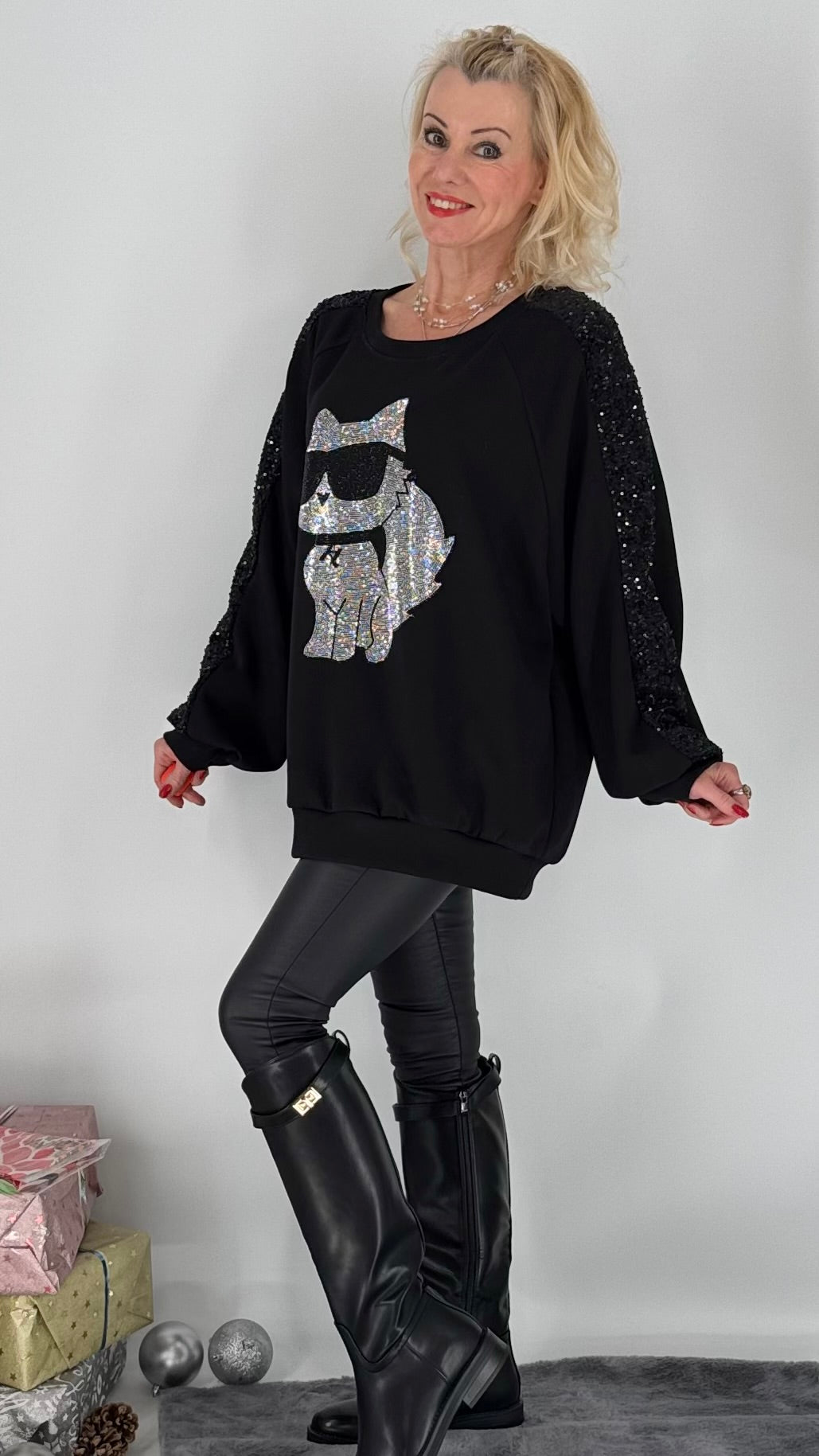 Sweatshirt  "LV Cat", schwarz, weiß