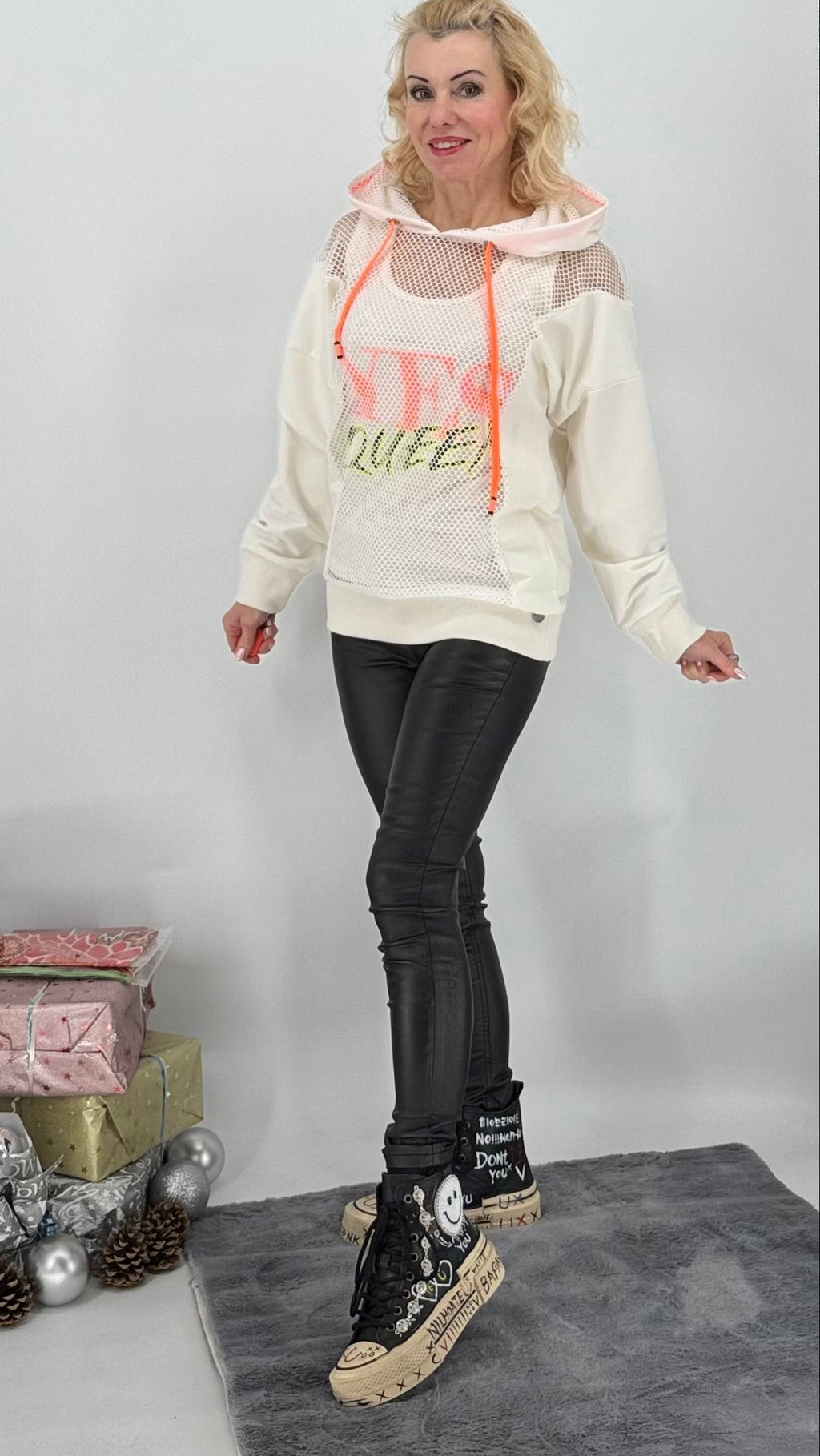 Sweatshirt mit raffiniertem Netzdesign, weiß