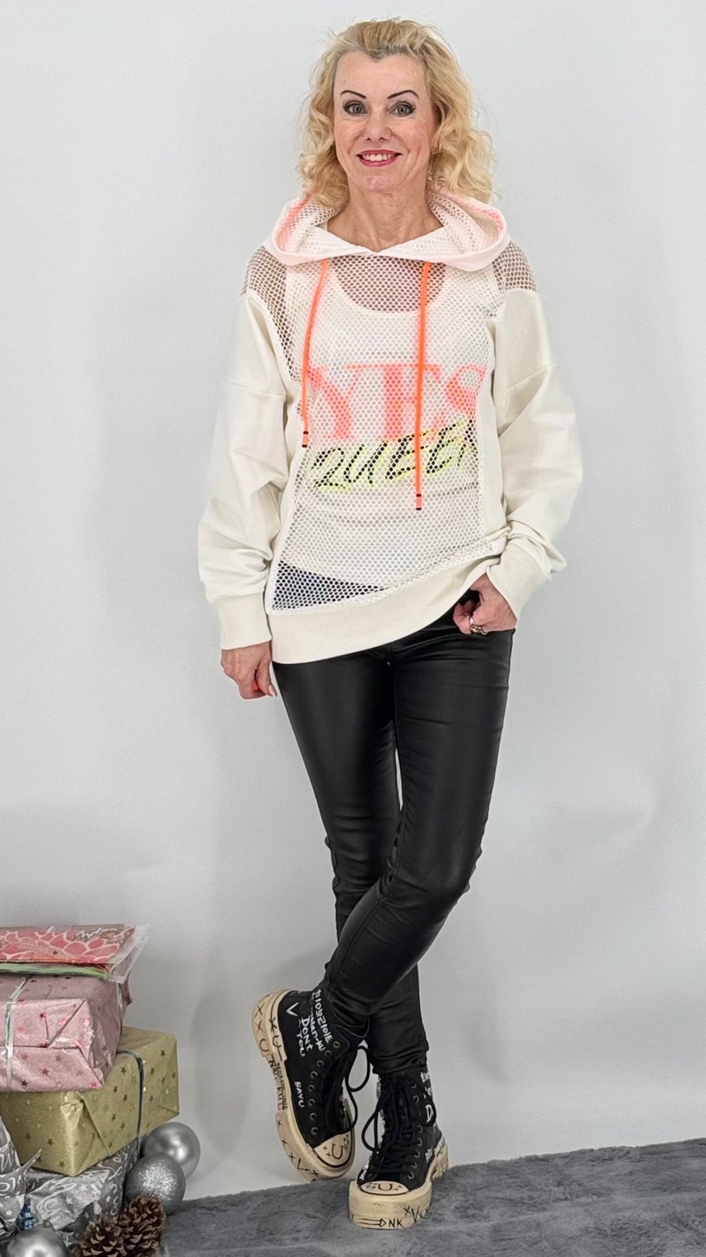 Sweatshirt mit raffiniertem Netzdesign, weiß