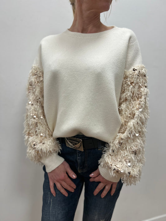 Strickpullover hellbeige mit Pailletten