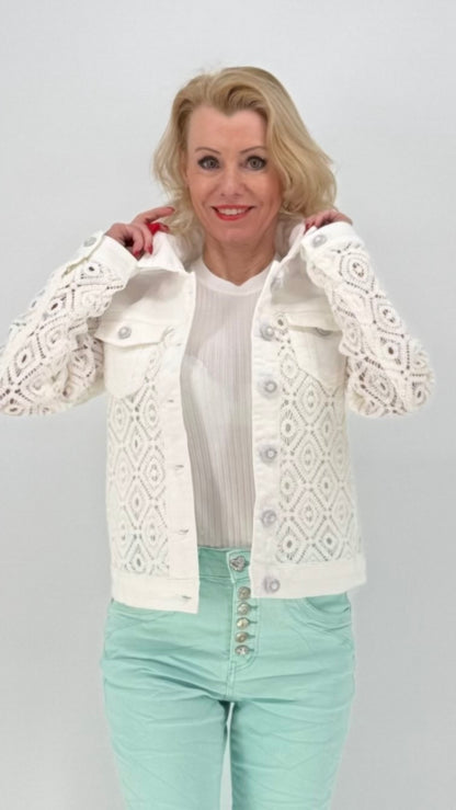 Boho Jeans Jacke mit Spitze, weiß