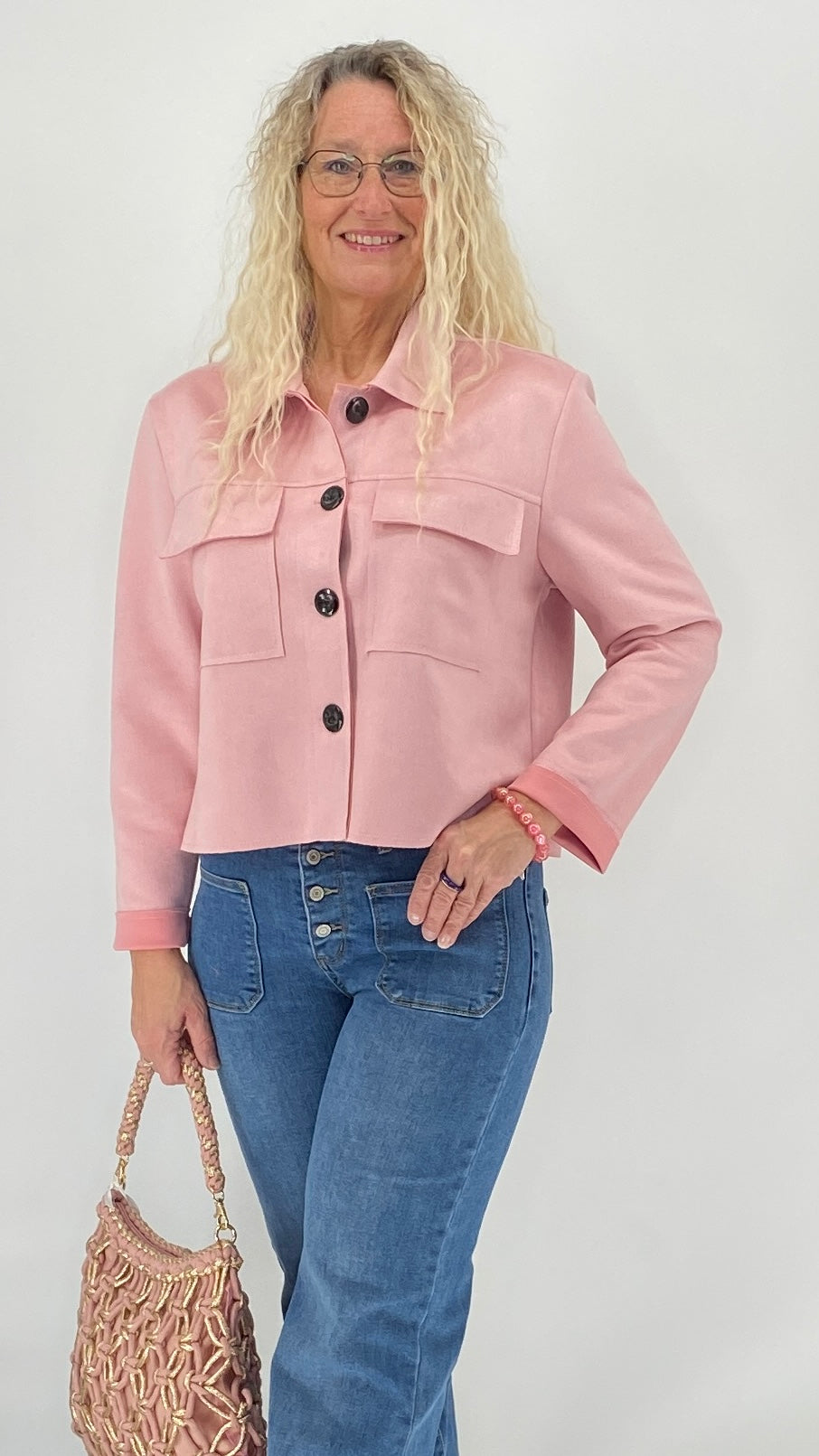 Kurze Jacke Veloursleder-Optik, blau, beige, rosa