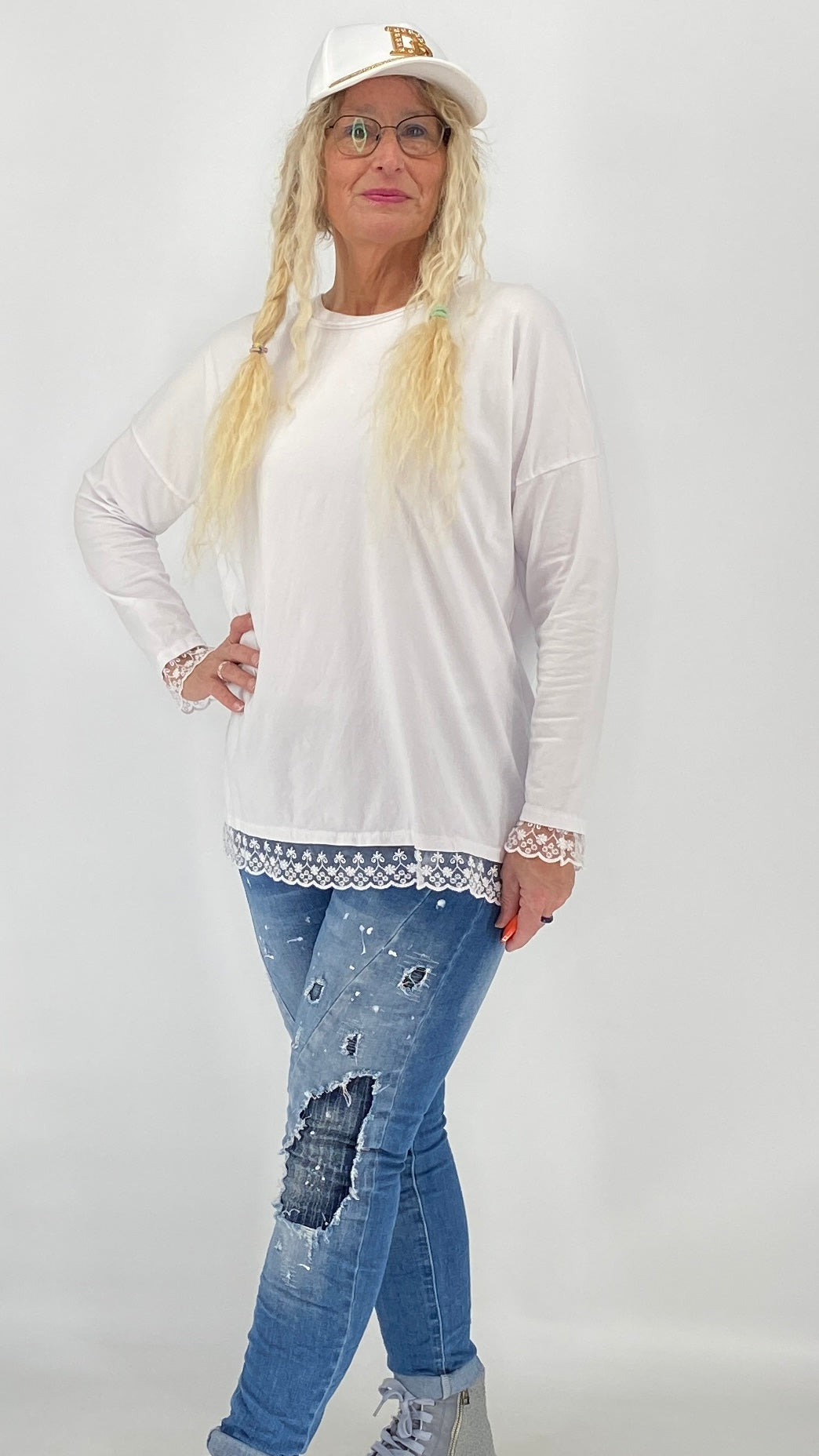 Basic langarm Shirt mit Spitze verziert