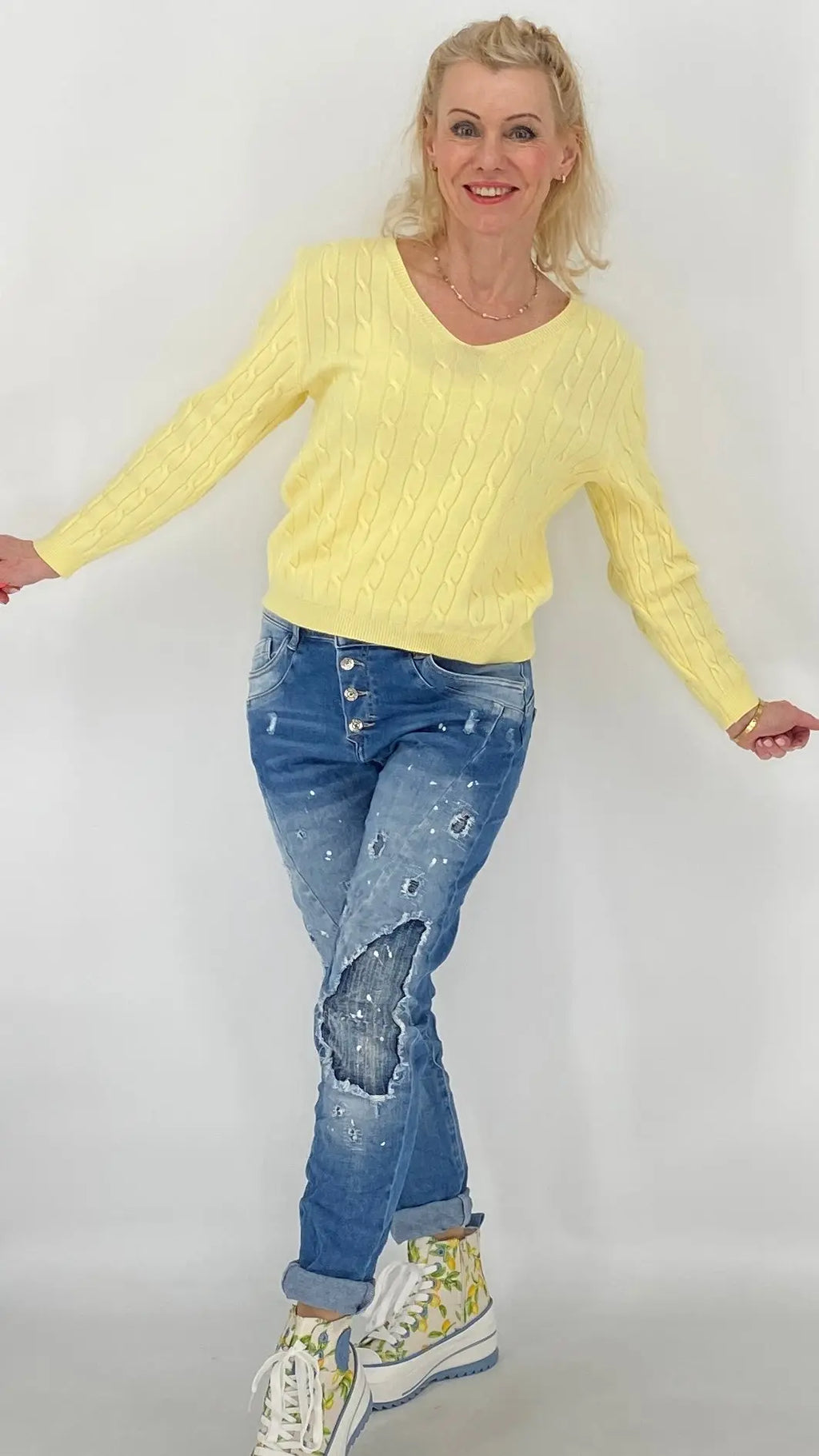 Pullover Basic in Weiß, Gelb - By Elena FashionBy Elena Fashion