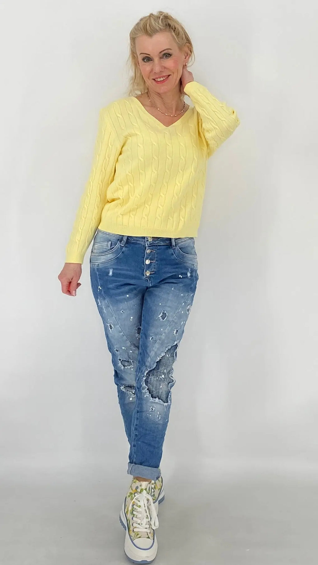 Pullover Basic in Weiß, Gelb - By Elena FashionBy Elena Fashion