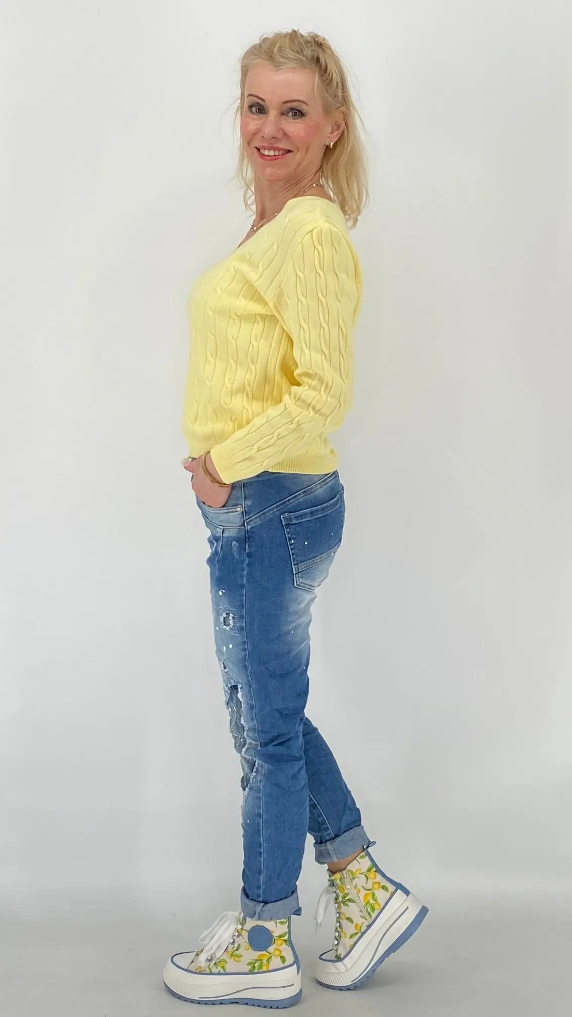 Pullover Basic in Weiß, Gelb - By Elena FashionBy Elena Fashion