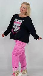 Sweatshirt "Rock" mit Strass, schwarz, pink, orange, beige - By Elena FashionBy Elena Fashion
