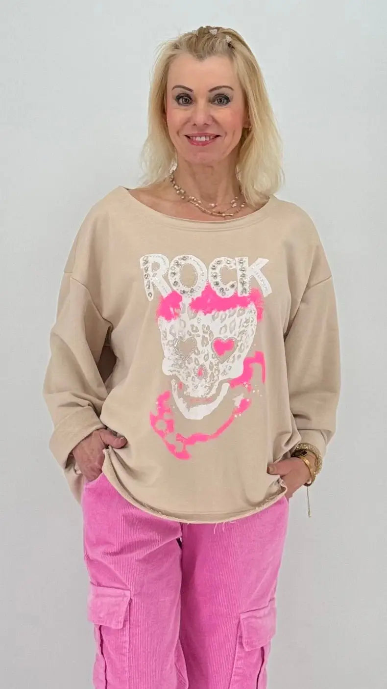 Sweatshirt "Rock" mit Strass, schwarz, pink, orange, beige - By Elena FashionBy Elena Fashion