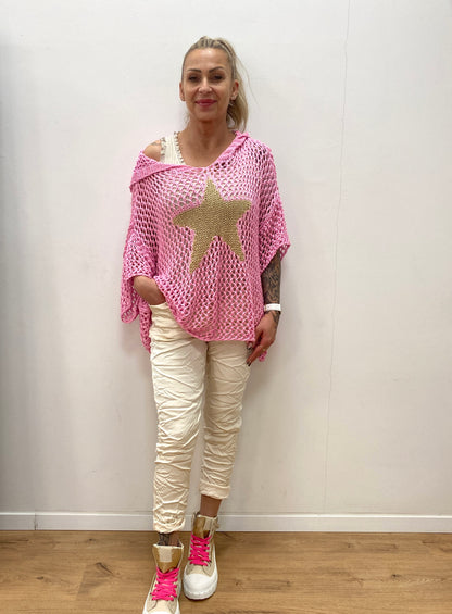 Netz Pullover pink mit Kapuze
