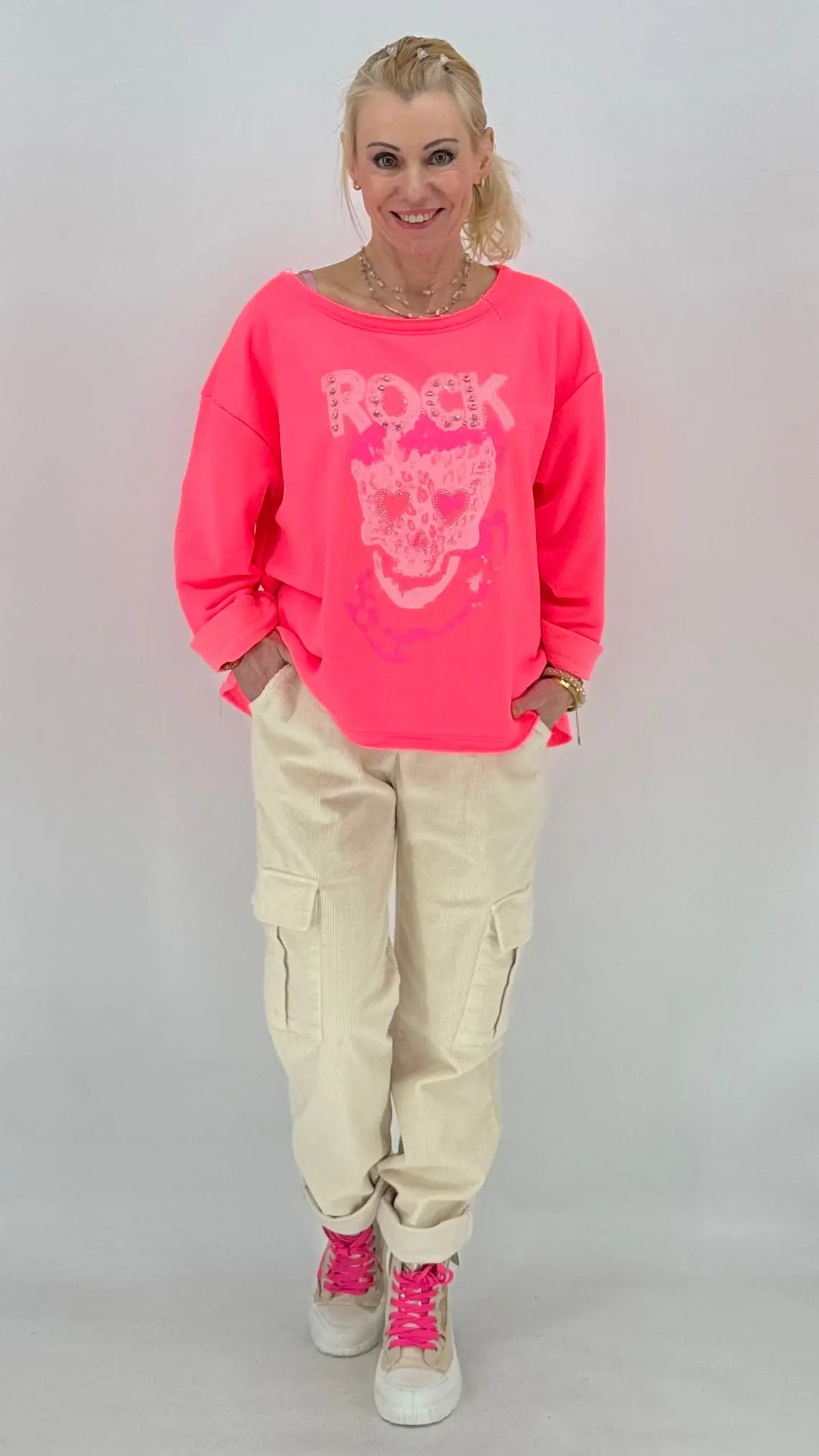 Sweatshirt "Rock" mit Strass, schwarz, pink, orange, beige - By Elena FashionBy Elena Fashion