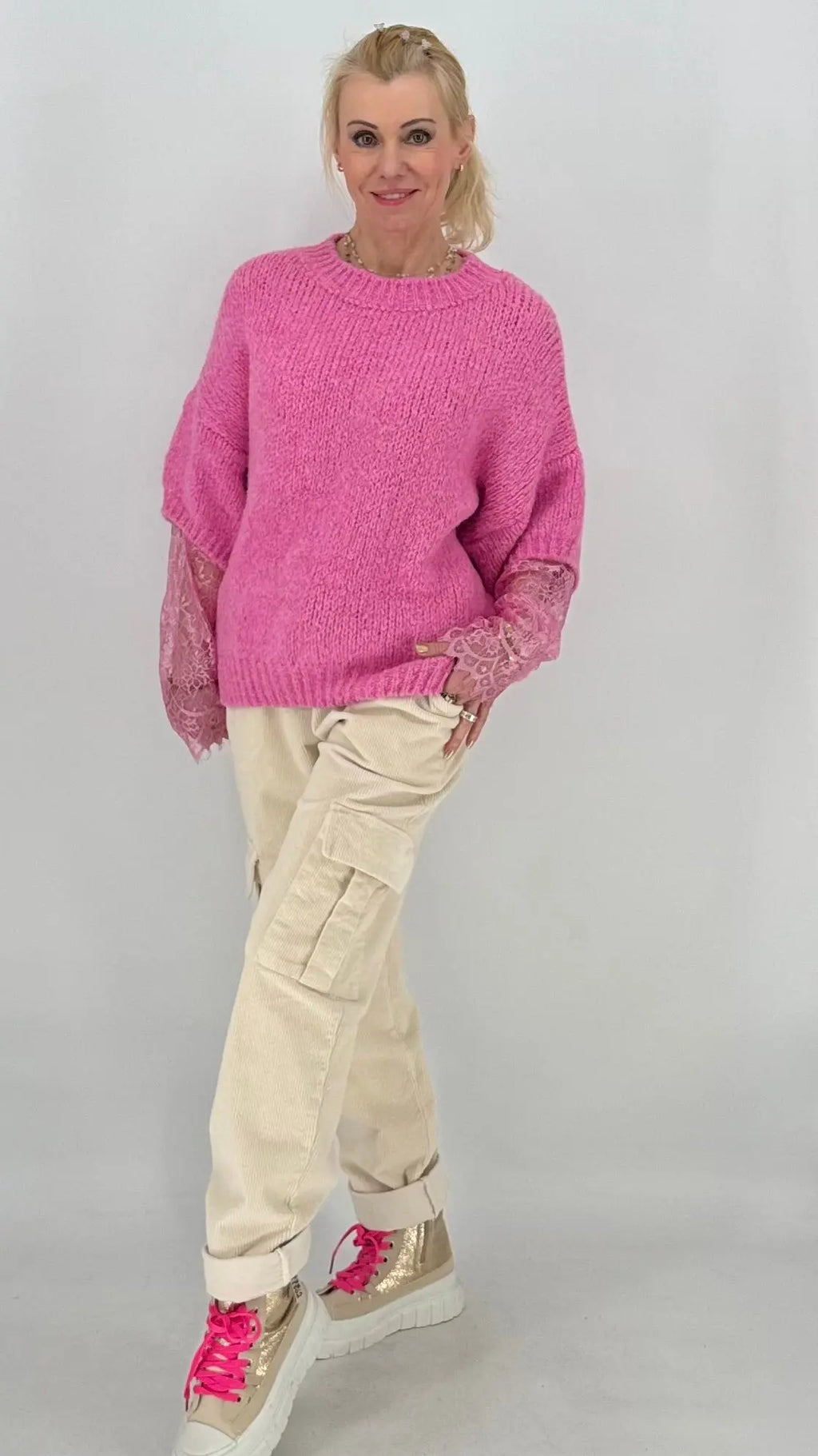 Pullover mit durchbrochenen Ärmeln, rosa - By Elena FashionBy Elena Fashion