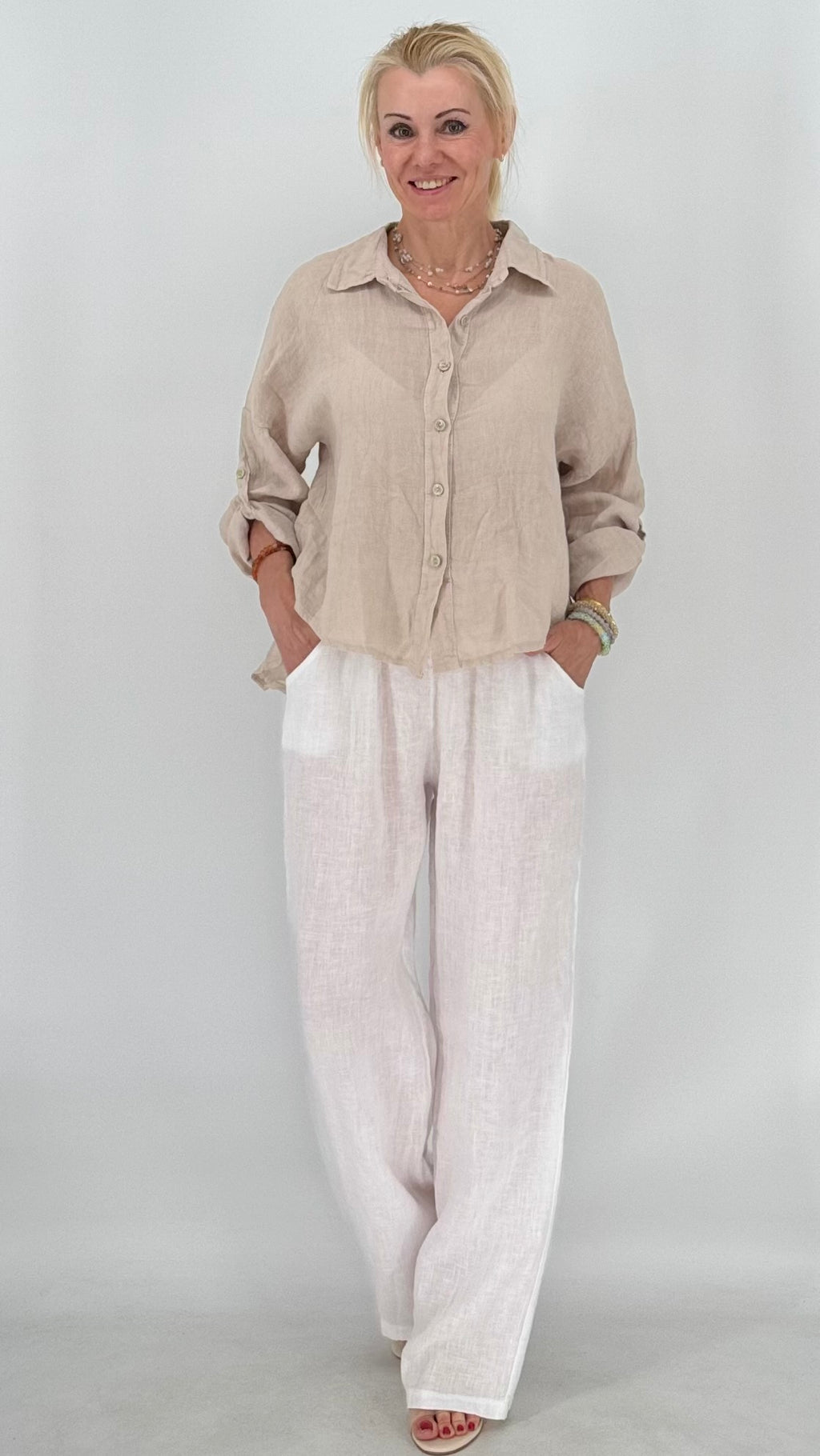 Leinen Bluse in Orange, in Creme, in Taupe