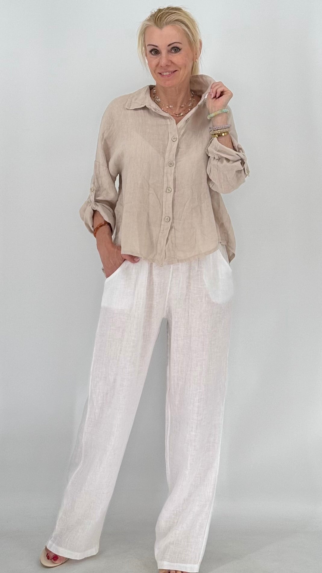 Leinen Bluse in Orange, in Creme, in Taupe