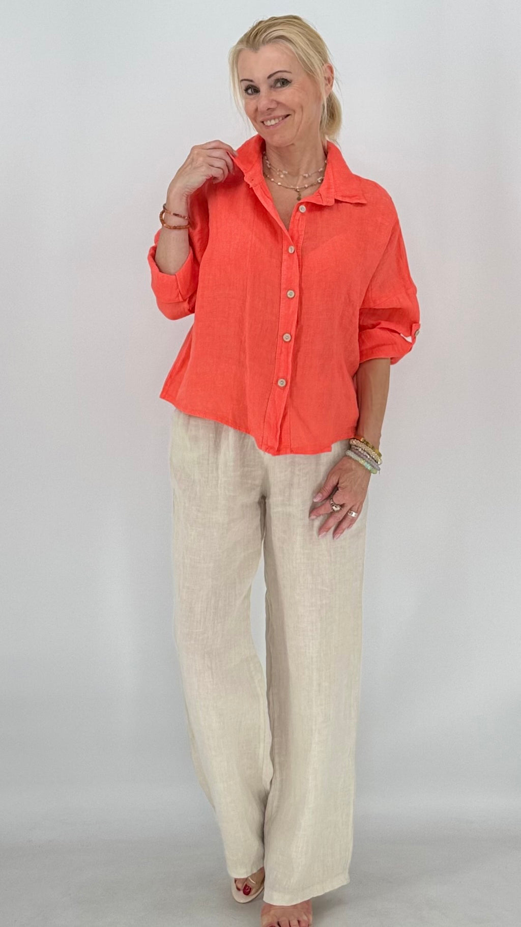 Leinen Bluse in Orange, in Creme, in Taupe