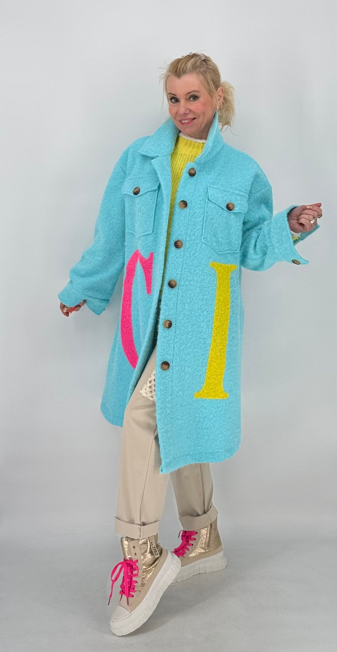 Mantel "CI" mit Wolle, blau, orange, gelb, beige