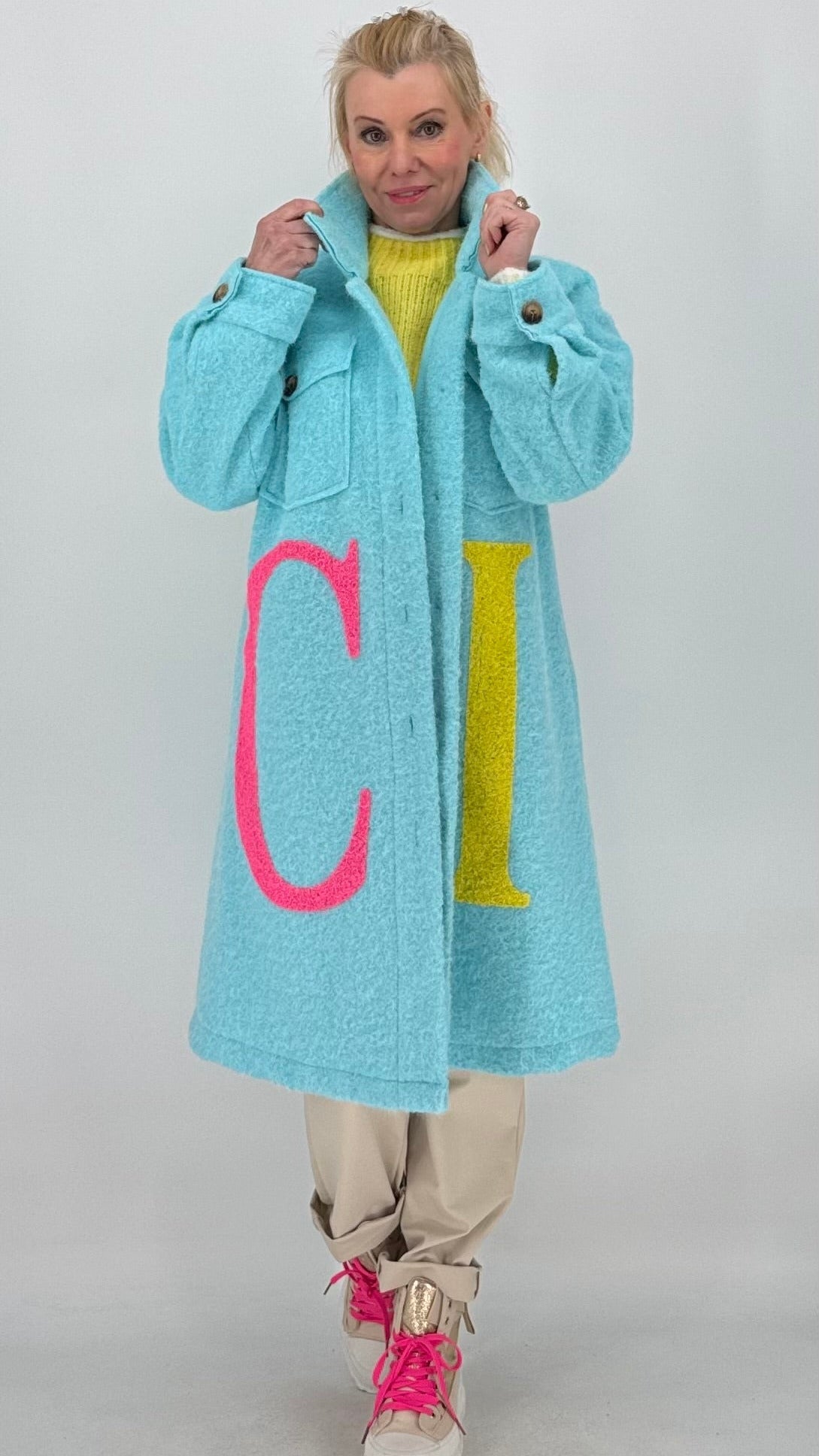 Mantel "CI" mit Wolle, blau, orange, gelb, beige