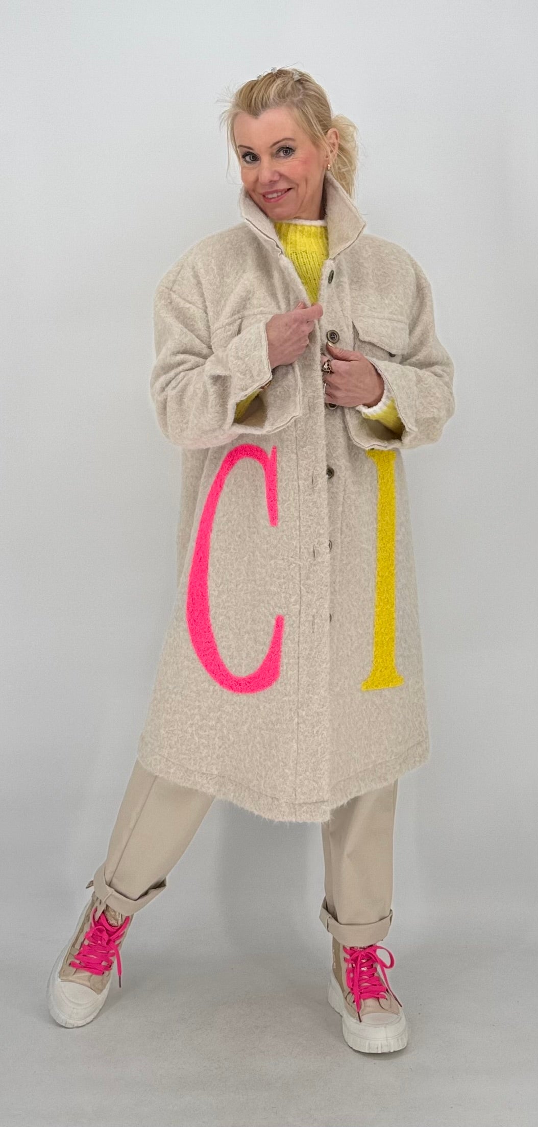 Mantel "CI" mit Wolle, blau, orange, gelb, beige